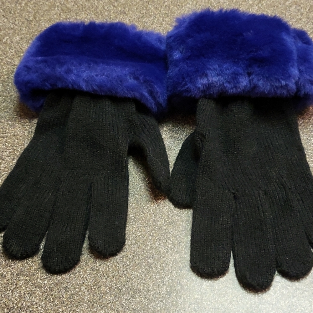 Black w/ Royal Blue Faux Fur cuff gloves